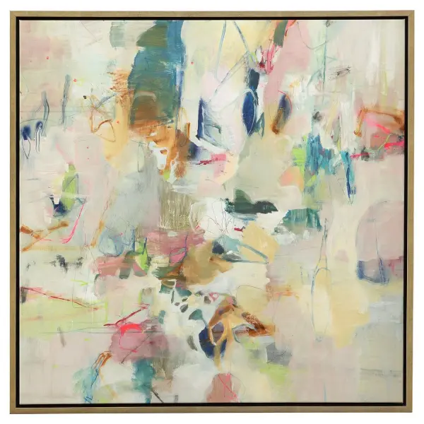 A vibrant, handcrafted giclee canvas surrounded by a solid wood gold frame. Versatile hanging orientation adds flexible styling for walls needing a striking focal point.