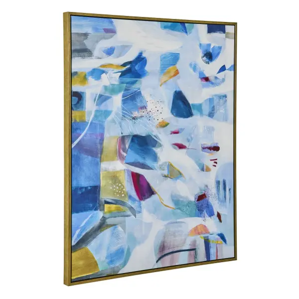A large-scale giclee canvas print in a rainbow splash pattern, finished with a solid wood gold frame. Handcrafted in the USA and versatile enough to hang horizontal or vertical.