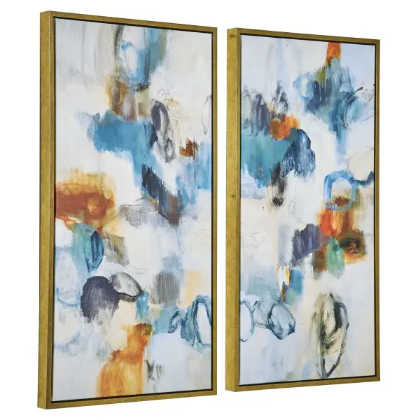 A set of two hand-printed abstract canvases in a solid wood gold gallery frame, offering flexible hanging orientation and USA craftsmanship for living rooms, offices, or hospitality spaces.