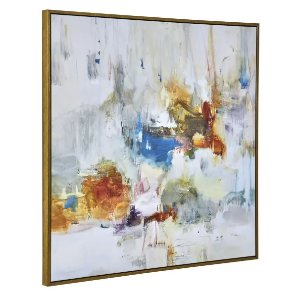 A large-scale abstract canvas in burnt orange, teal, and umber tones, framed in solid wood with a gold finish. Versatile hanging orientation adds flexibility.