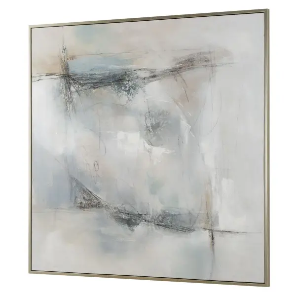 A large hand-painted canvas in soft gray, sand, blue, and green tones, framed in champagne silver. Versatile hanging orientation adds flexibility for styling.