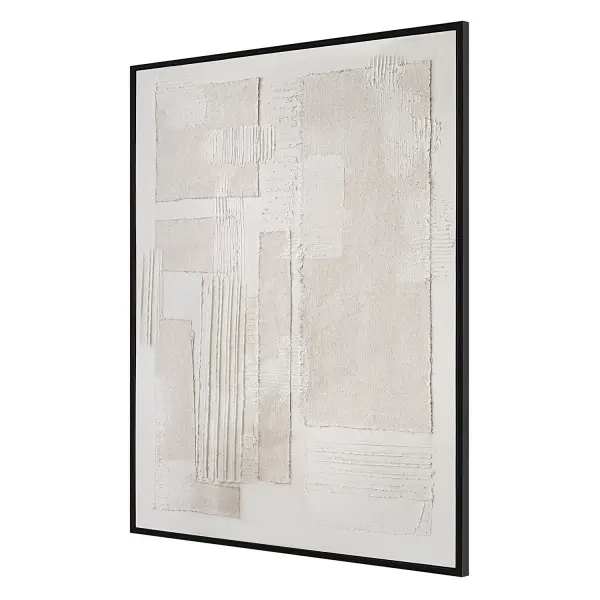 A hand-painted canvas with heavy texture and a crisp black frame, offering an organic, minimalist statement piece for large wall spaces.