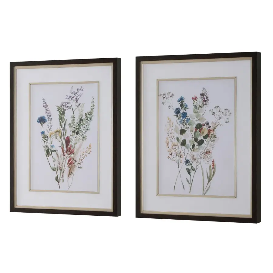 Delicate Flowers Framed Prints, Set of 2 in Dark Wood Grain