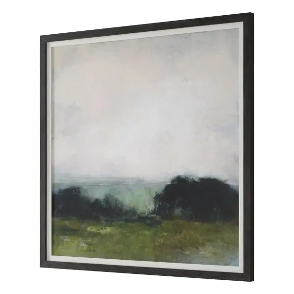 A large-scale framed print of a misty waterscape, wrapped in a black wood grain frame with a white linen liner for gallery-style presentation.