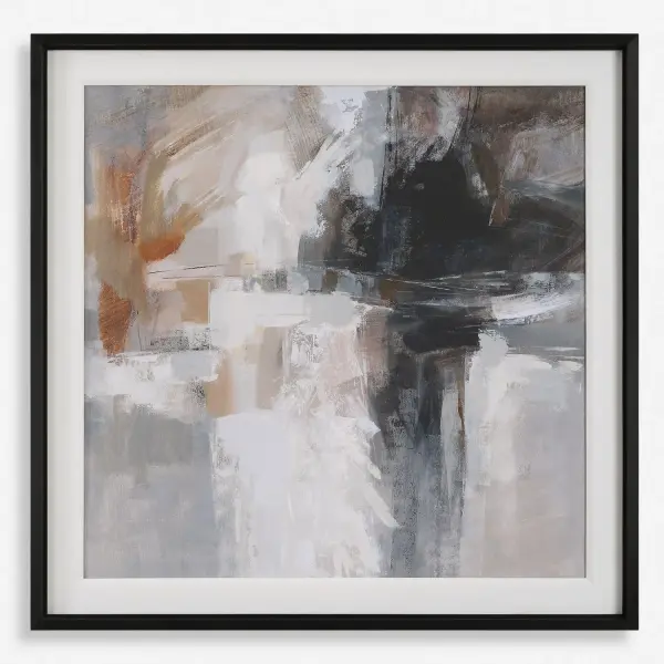 This large framed print by artist Silvia Vassileva pairs a soft gray, black, and white palette with cinnamon accents, set in a clean black wood frame with a white linen liner.