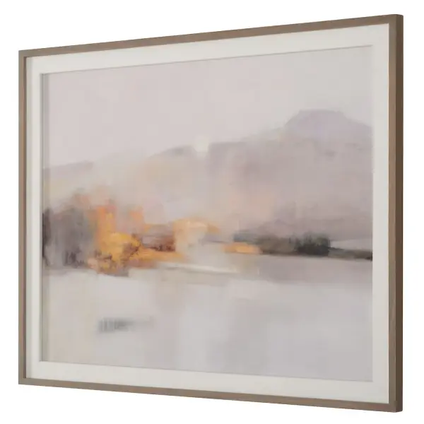 This framed landscape print blends warm sunset hues with a light gray, white-washed pine frame for a soft, rustic-farmhouse look.