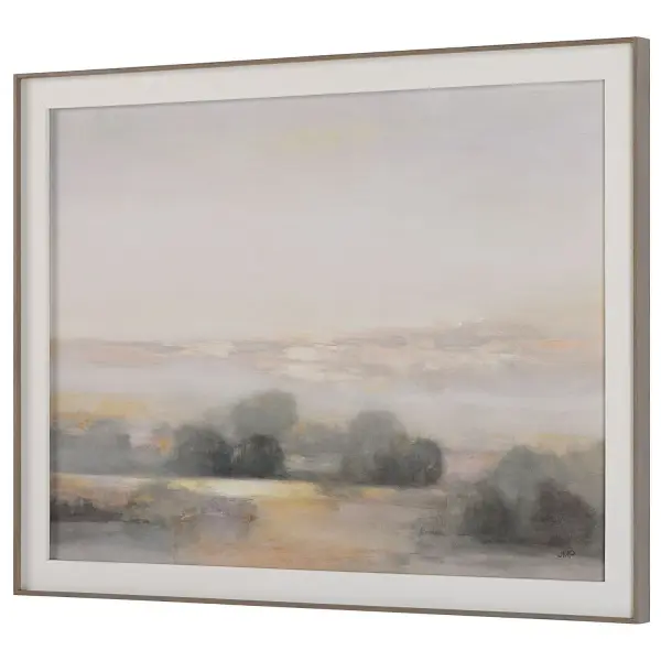 This romantic landscape print by Julia Purinton captures rolling hills in muted tones, framed with a light gray wood-grain frame and white linen liner for a soft, refined look.