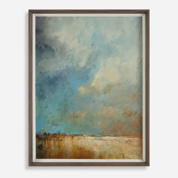 A large desert landscape print in a dark walnut frame with gray wash and white linen liner, bringing warm, rustic character to any wall.