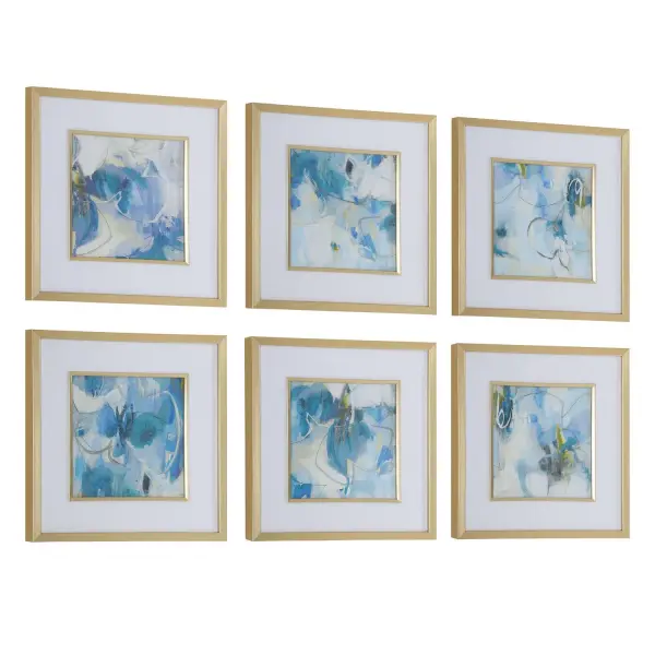 This framed floral abstract print pairs cerulean and chartreuse brushstrokes with a brushed soft gold frame, offering an easy way to add curated color to living spaces or offices.