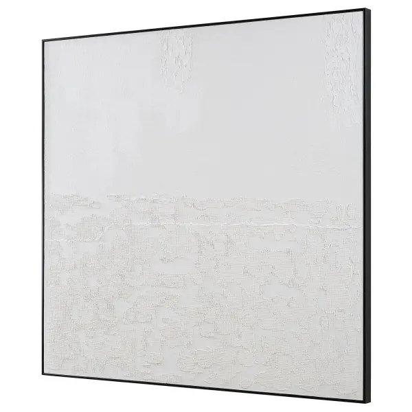 A large-scale hand-painted canvas with heavy texture and an all-white palette, framed in slim black. Handcrafted details mean each piece varies slightly.