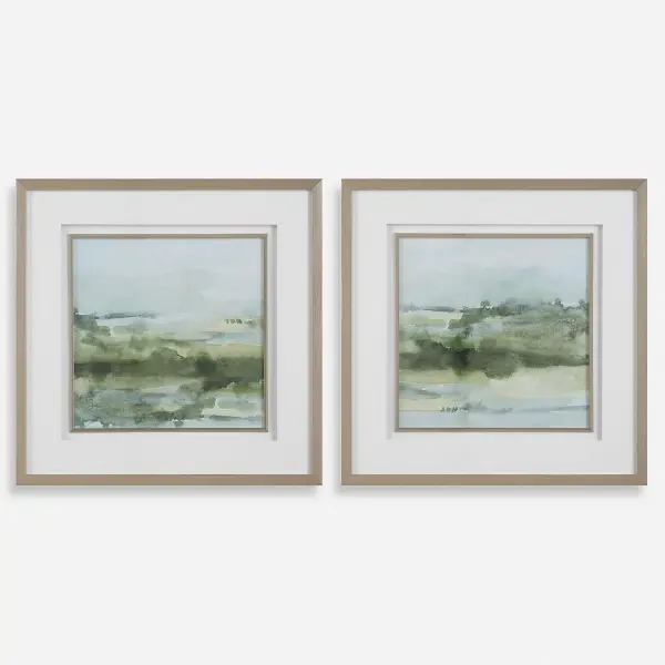 This set of two abstract landscape prints brings soft, calming greens to any wall, framed in a refined brushed champagne gold finish with double white matting for a polished, gallery-style look.