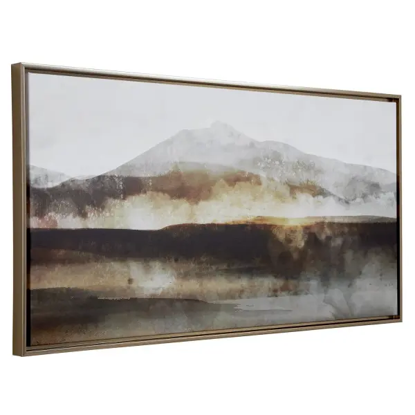 A handcrafted framed canvas print depicting mountainous terrain in earthy tones, finished with a simple bronze gold gallery frame. Made and printed in the USA.