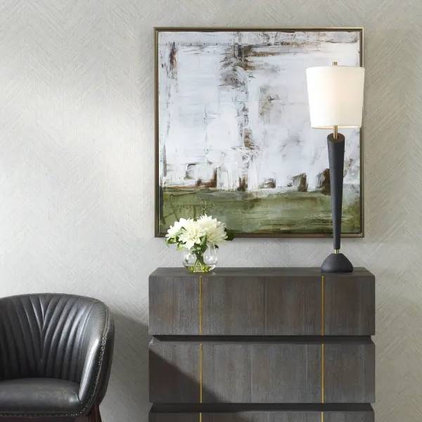 A hand-painted boardwalk scene in olive, umber, and white tones, framed in a bronze gold gallery frame. Handcrafted and printed in the USA for a coastal or transitional interior.