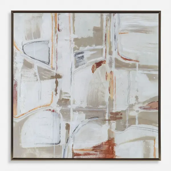 A giclee canvas print blending tan, cream, rust, and terra cotta tones in a bronze gold gallery frame. Versatile hanging orientation suits many wall spaces.