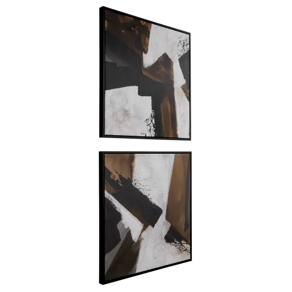 A large-scale framed canvas with rich brown and black tones on ivory, hand-crafted and printed in the USA with a versatile black wood frame.