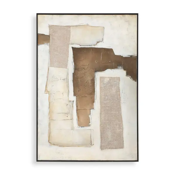 A striking mixed-media abstract canvas in warm chocolate brown and taupe tones, framed in slim black. Versatile hanging orientation adds flexibility for various wall spaces.