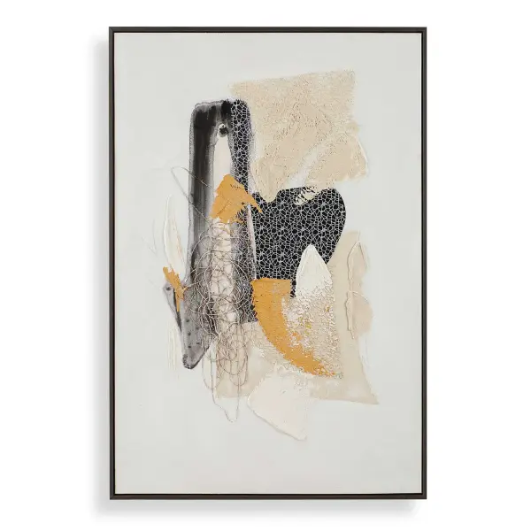 A hand-painted mixed media canvas in ink black and taupe with gold leaf highlights, framed in a slim matte black gallery frame. Versatile orientation adds flexibility to any wall.