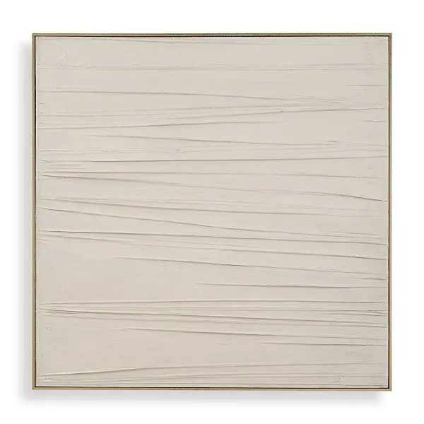 A tone-on-tone hand painted canvas with horizontal texture, framed in a gold gallery frame. Handcrafted details make each piece subtly unique.