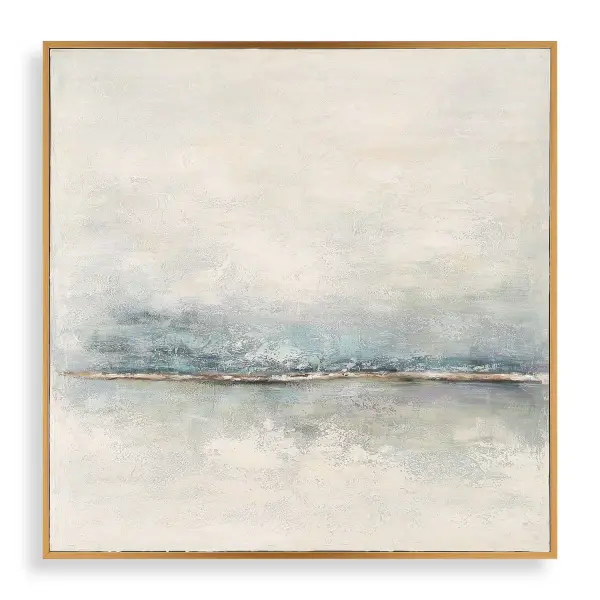 Hand-painted canvas in cool grays and blues layered with warm creams and browns, framed in a gold gallery frame. A substantial statement piece for larger walls.
