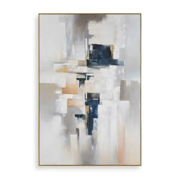 Large hand-painted canvas with geometric brushstrokes in navy, gray, sienna, and gold leaf accents, framed in a gold leaf gallery frame.
