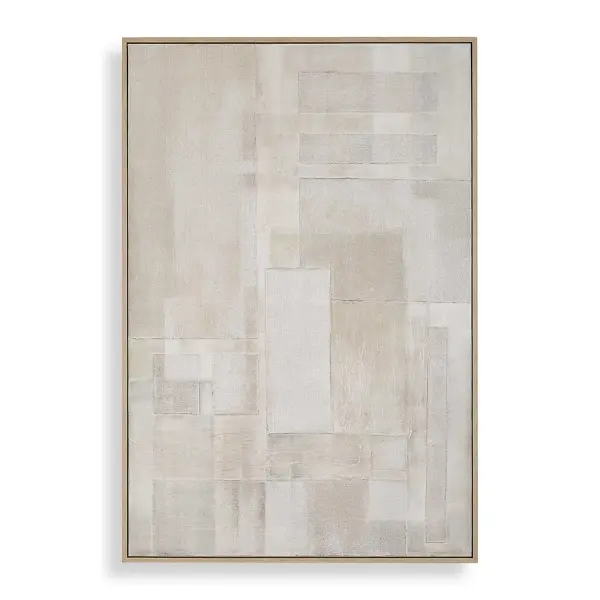A large-scale hand painted mixed media canvas in soft earth tones with a light oak gallery frame. Handcrafted texture brings organic warmth to any wall.