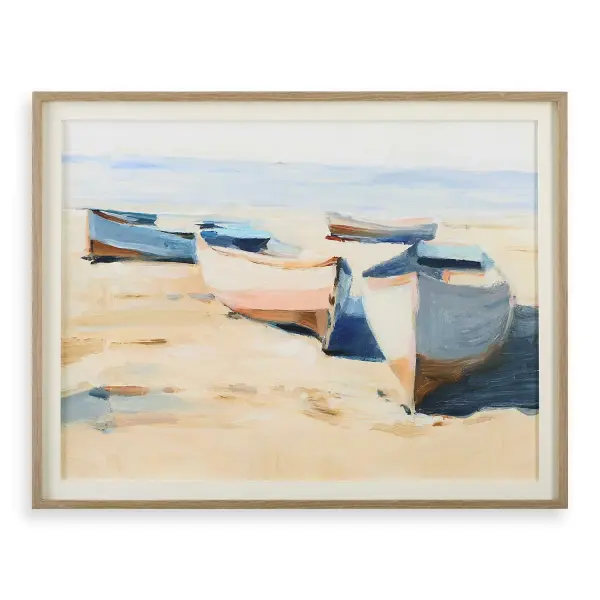 An abstract beach and boats scene by Ethan Harper, set in a light pine frame with whitewash accents and a white linen liner for effortless coastal charm.
