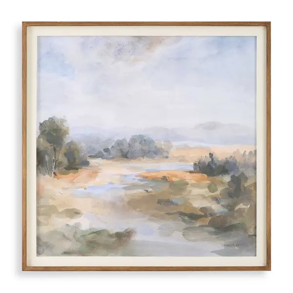 A softly hued river landscape print by Danhui Nai, framed in warm pine wood with an off-white linen liner—an easy, calming addition to living spaces.