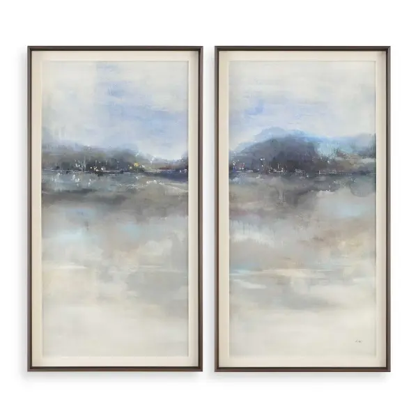 This set of two framed landscape prints offers a moody abstract palette in greige, navy, and eggplant, framed in bronze aluminum with a white linen liner for a refined, gallery-style look.