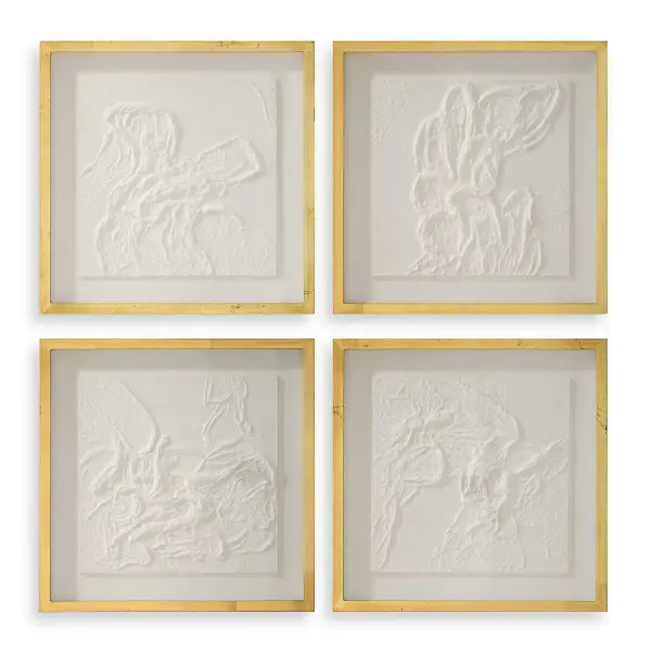 A handcrafted, textured abstract piece in a light gold shadow box frame. Versatile enough for horizontal or vertical hanging in living spaces or offices.