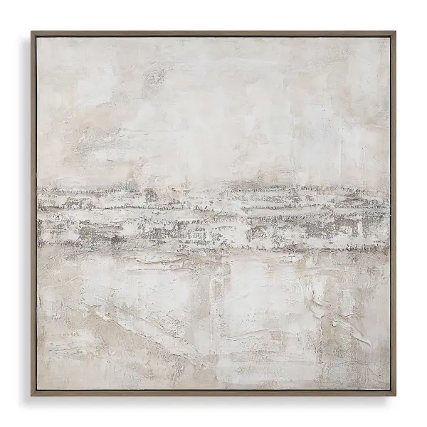 A large hand-painted mixed media canvas in warm gray, brown, and cream tones, framed for a gallery look. Versatile hanging orientation suits contemporary living spaces.