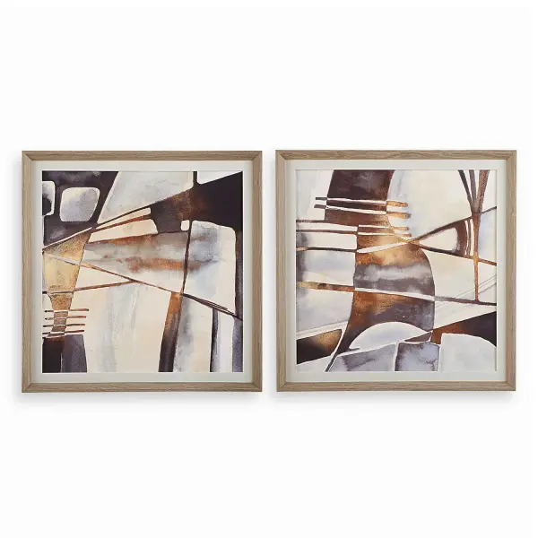 An abstract print in neutral gray, black, and chestnut tones, framed in whitewashed pine with a linen liner. Versatile hanging orientation suits many rooms.