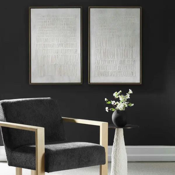 A refined pair of framed giclée canvases with raised hand embellishment and a driftwood-style gray wood frame, adding modern elegance to living spaces.