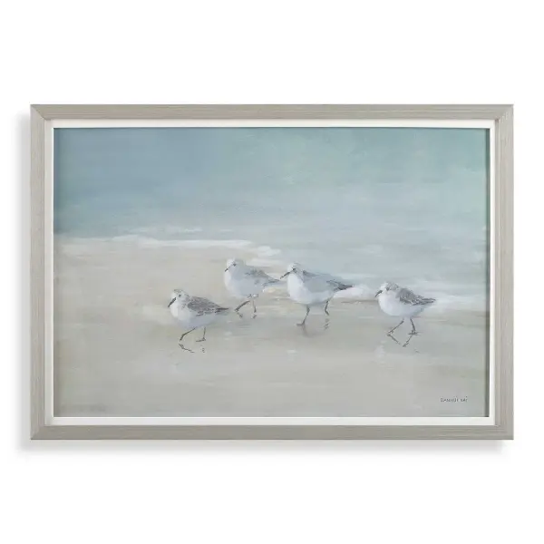 A serene shorebird print in soothing blues, greens and beiges, framed in light gray wood with a linen liner—an easy fit for coastal and relaxed interiors.