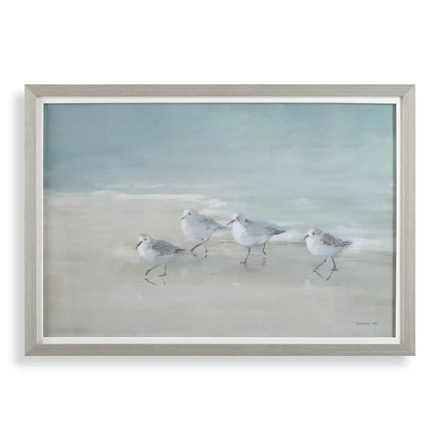 Tranquil Shorebirds On The Sand Framed Print in Light Gray Wood