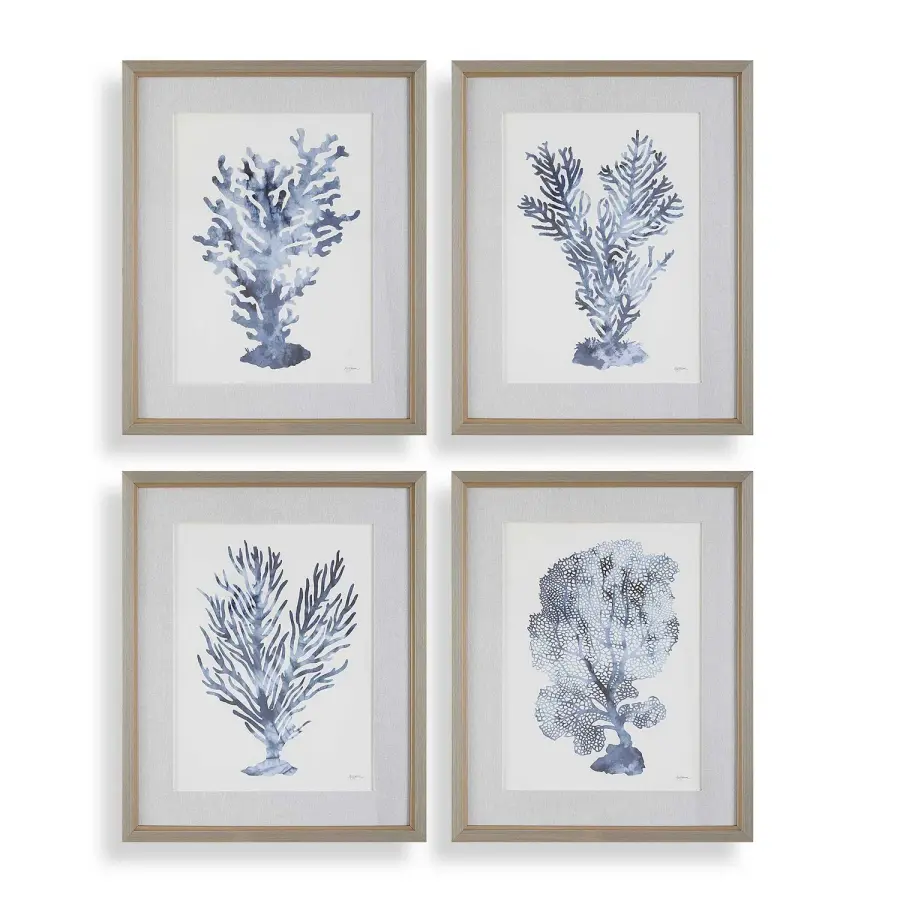 Shibori Coral Framed Prints, Set of 4 in Light Gray Wood