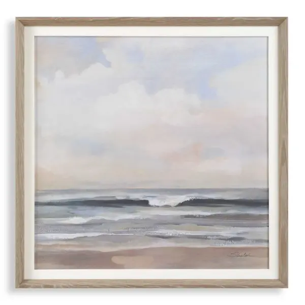 Muted blues and grays evoke a calm coastal sky in this framed print, finished with a white linen liner and gray washed pine frame for understated coastal or farmhouse decor.