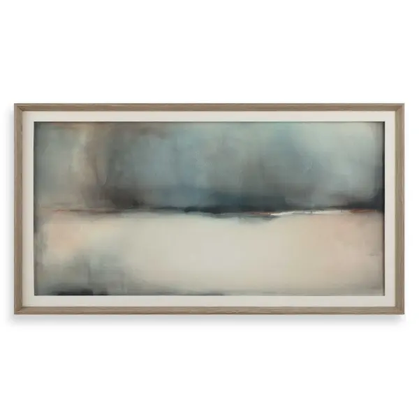 A large-scale abstract print in deep teals and beige tones, framed in natural light pine with an oatmeal linen liner for a refined, organic look.