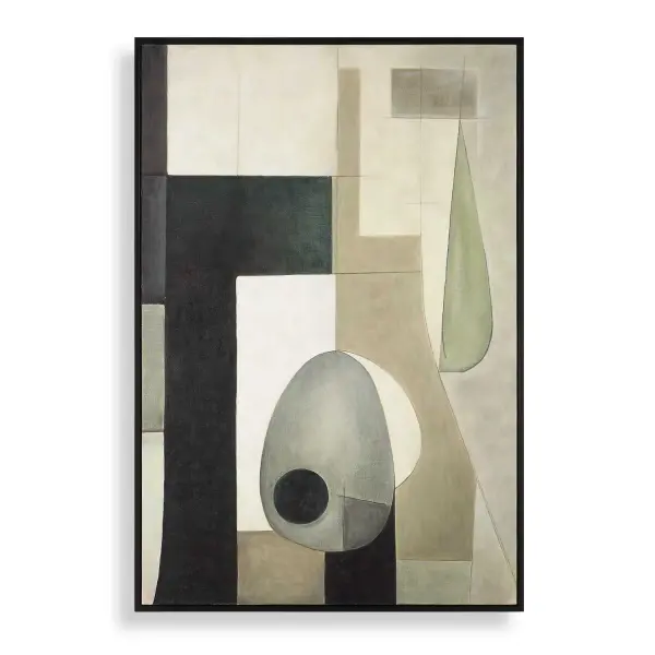 A hand-painted fair trade canvas in muted greens, beiges, and pewter with a slim black frame. Offers a bold geometric focal point that adapts to horizontal or vertical hanging.