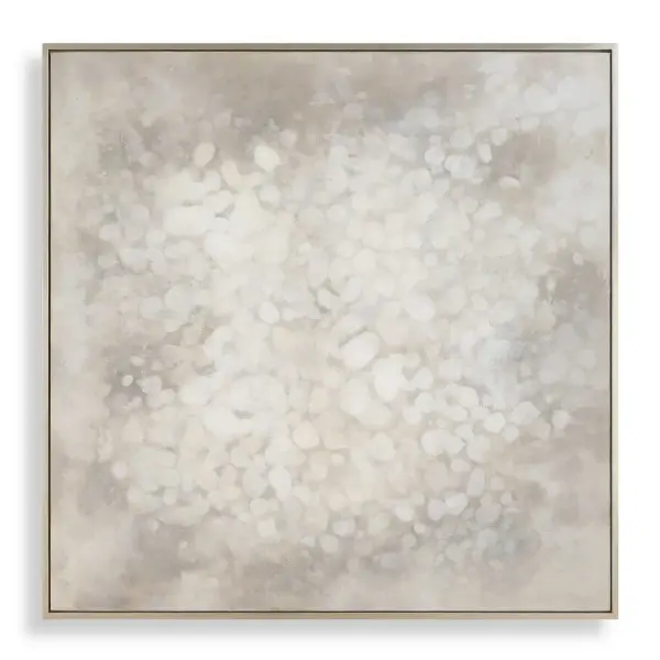 A large hand-painted canvas in soft abstract tones, framed in champagne gold. Creates depth and visual interest as a statement wall piece for living spaces or offices.