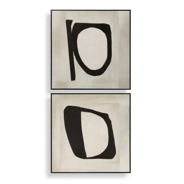 A set of two hand-painted canvases in cream, white, and black tones with a sleek black gallery frame. Versatile enough for horizontal or vertical hanging.