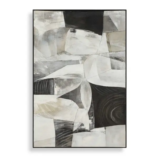 An abstract, folded-paper-inspired canvas in a monochromatic black palette, framed simply for versatile hanging in either orientation.