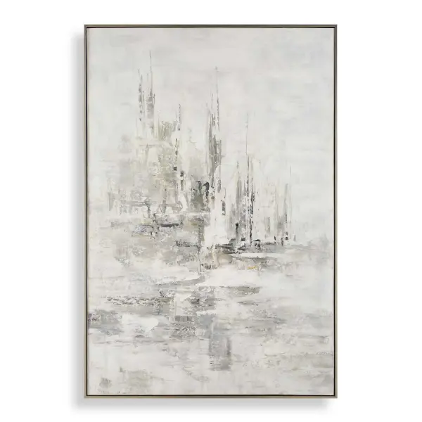 A large hand-painted canvas in soothing taupe, white, and gray tones, framed in gold. Handcrafted details give each piece subtle individual variation.