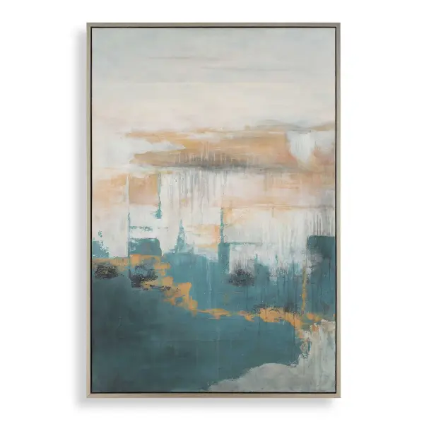 A large-scale hand-finished canvas print evoking coastal tranquility in blue, green, and beige tones with a gold gallery frame. Each piece is unique.