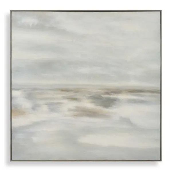 A large-scale abstract canvas in earthy gray and beige tones, framed in gray-washed wood. Handcrafted with natural variation piece to piece.