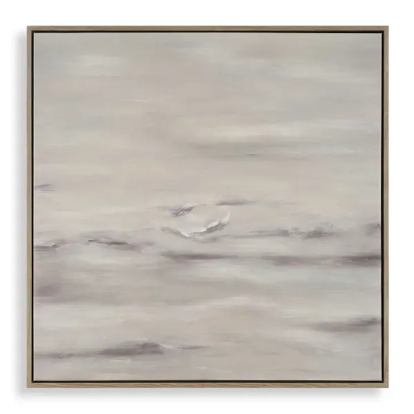 A muted, textural abstract canvas in whites and blush tones, framed in light-washed pinewood. Handcrafted details bring subtle variation to each piece.