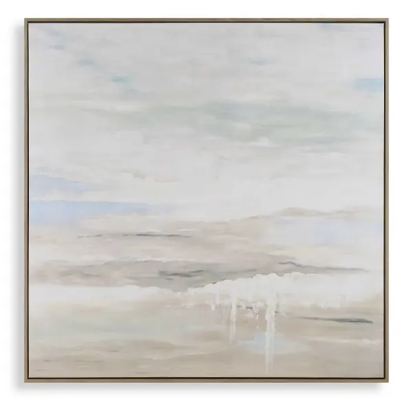 A large hand-painted canvas depicting an abstract horizon in pastel blue, taupe, and ivory tones, framed in a light gray-washed pine wood frame.