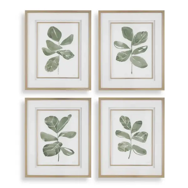 This set of four fiddle leaf botanical prints offers an easy, cohesive wall art solution with delicate line work, double matting, and slim golden frames.