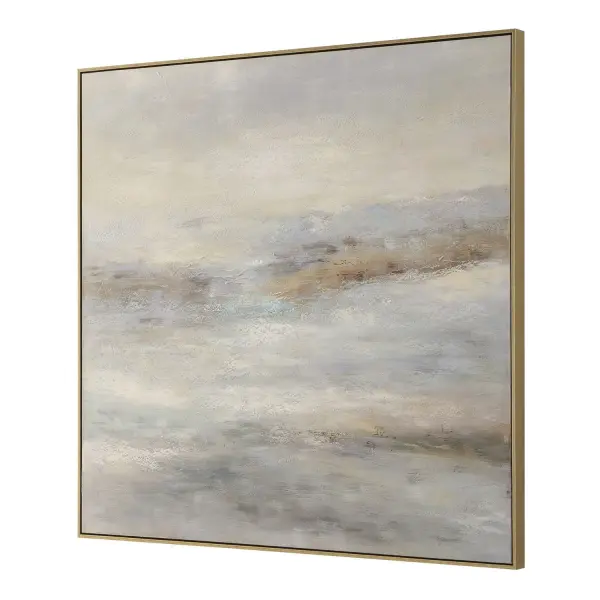 A large-scale hand painted canvas in soft creams, beiges, and charcoal, framed in a petite gold leaf border. Textured brushwork adds depth to any neutral palette.