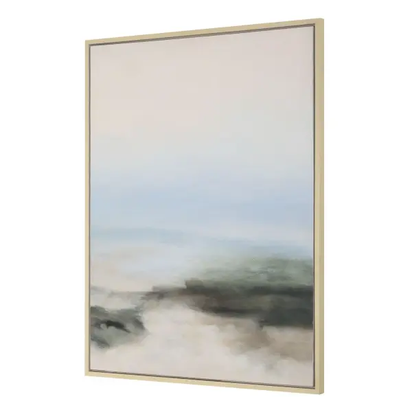 A hand-painted canvas landscape in soft blues, grays, and whites with a thin bone white frame. Each piece is unique, evoking a tranquil, misty atmosphere.
