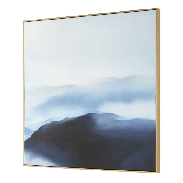 Cold Shoulder is a handcrafted canvas painting depicting an atmospheric mountain scene in deep blues and soft grays, framed in a dark gray wood moulding.